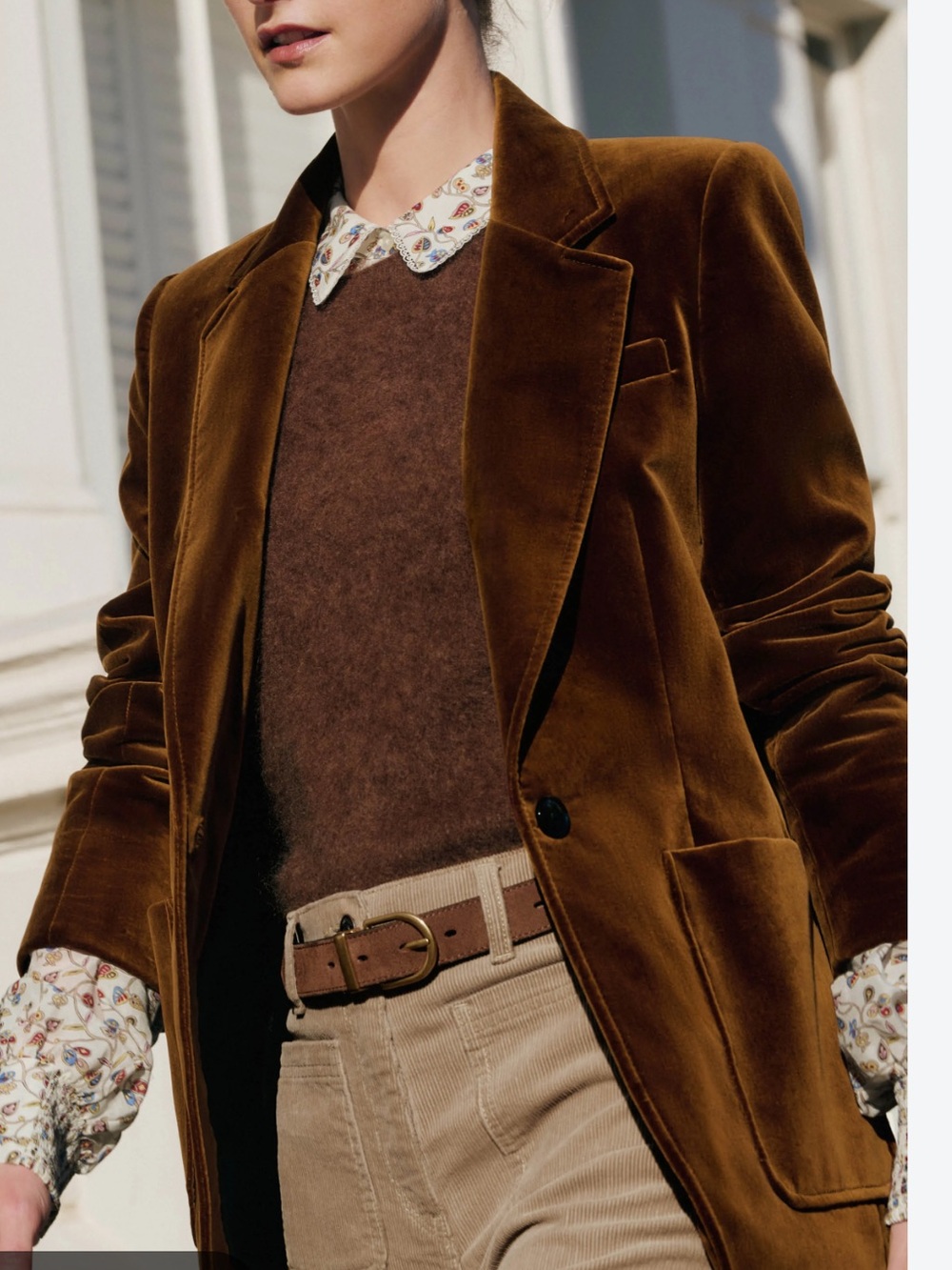 ME + EM Sharp Shoulder Blazer in Chestnut Velvet
